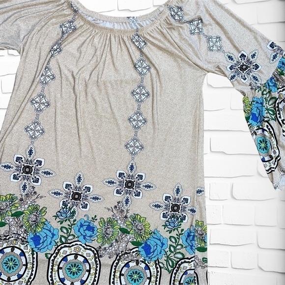Women’s Small Boho Vintage Floral Off Shoulder Bell Sleeve Mini Dress/Tunic Top - Picture 6 of 11